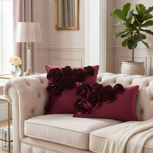 Poszewka velvetowa burgundowa 30x50 Róże