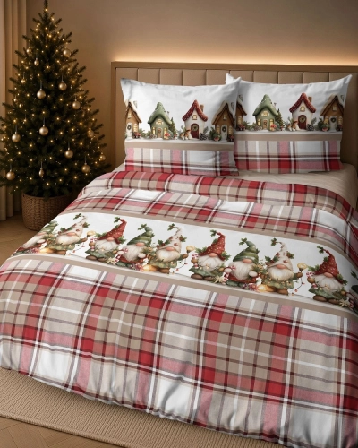 Pościel flanelowa świąteczna czerwono biała 160x200 świąteczne skrzaty