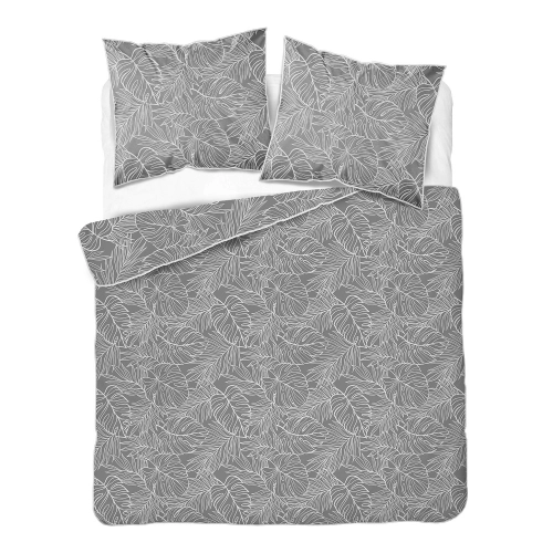 Pościel z perkalu szara 220x200 Liście Tropikalne Lame Percale