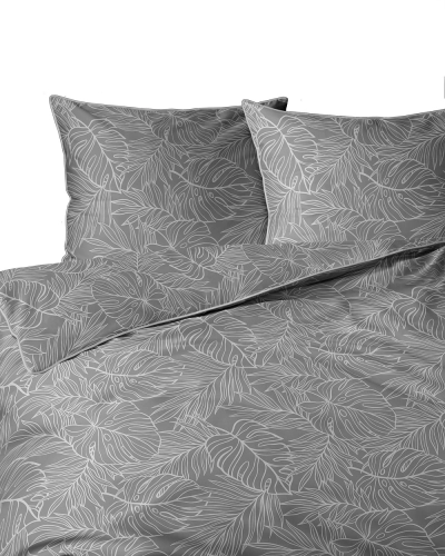 Pościel z perkalu szara 220x200 Liście Tropikalne Lame Percale