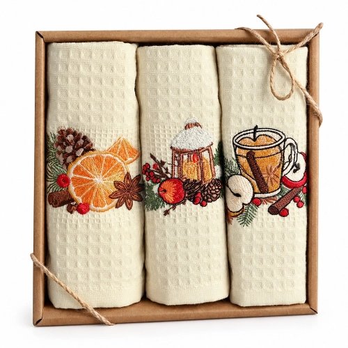 Komplet świątecznych waflowych ręczników kuchennych 40x60 Zimowe Przyprawy