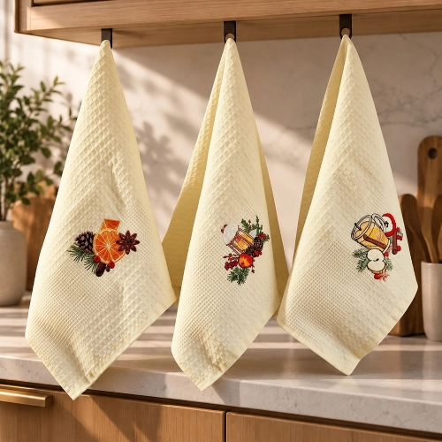 Komplet świątecznych waflowych ręczników kuchennych 40x60 Zimowe Przyprawy