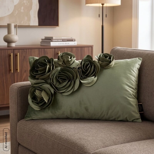 Poszewka velvetowa oliwkowa 30x50 Róże