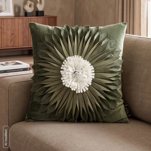 Poszewka velvetowa oliwkowo kremowa 45x45 Kwiatek