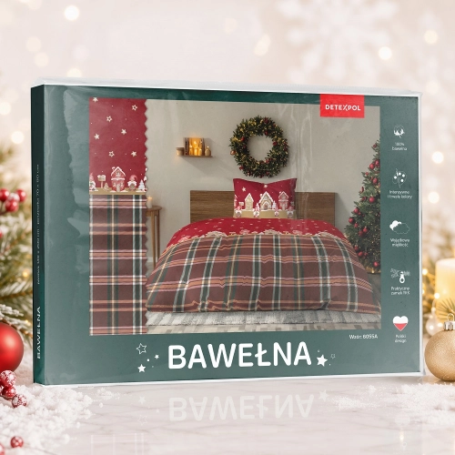 Świąteczna pościel bawełniana czerwona 140x200 Domki z Piernika