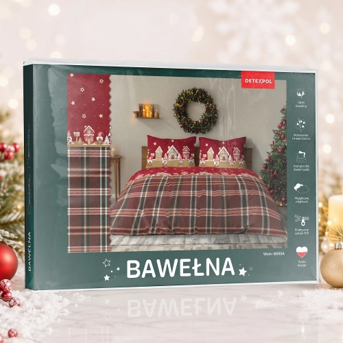 Świąteczna pościel bawełniana czerwona 220x200 Domki z Piernika