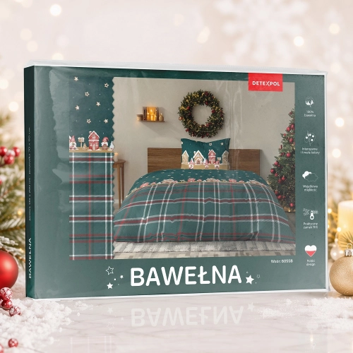 Świąteczna pościel bawełniana zielona 140x200 Domki z Piernika