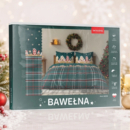 Świąteczna pościel bawełniana zielona 220x200 Domki z Piernika