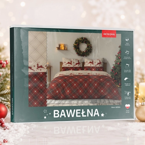 Świąteczna pościel bawełniana bordowo beżowa 220x200 Renifery