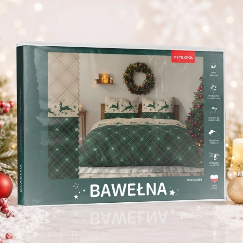 Świąteczna pościel bawełniana zielono beżowa 160x200 Renifery