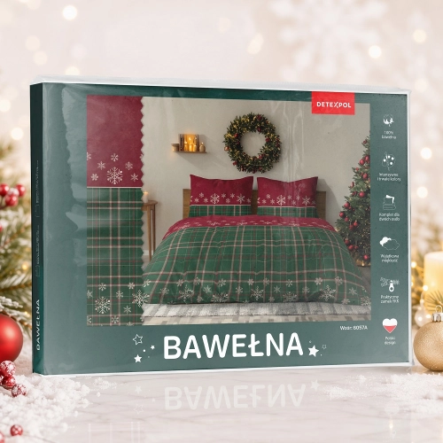 Świąteczna pościel bawełniana czerwono zielona 160x200 Śnieżynki