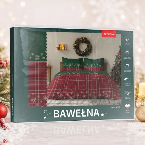 Świąteczna pościel bawełniana zielono czerwona 220x200 Śnieżynki