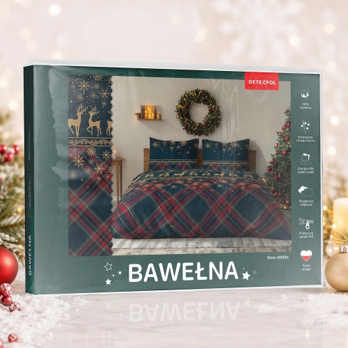 Świąteczna pościel bawełniana granatowa krata 160x200 Renifery