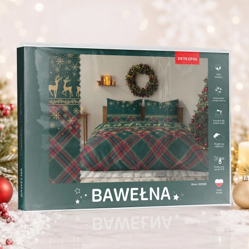 Świąteczna pościel bawełniana zielona krata 160x200 Renifery