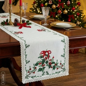 Bieżnik świąteczny 40x140 Ostrokrzew i Czerwona Kokarda