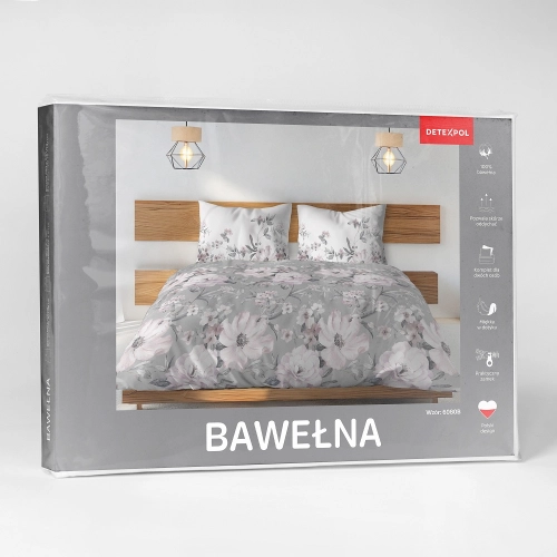 Pościel bawełniana popielata 100% 220x200 w pudrowe kwiaty