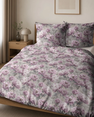 Pościel bawełniana popielata 100% 180x200 w fioletowe kwiaty
