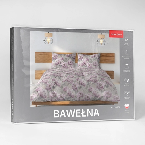 Pościel bawełniana popielata 100% 220x200 w fioletowe kwiaty