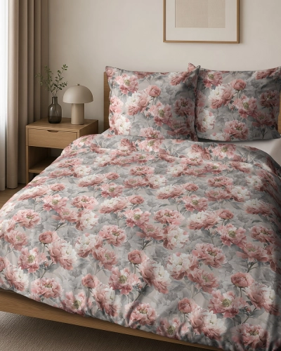 Pościel bawełniana popielata 100% 180x200 w romantyczne różowe kwiaty