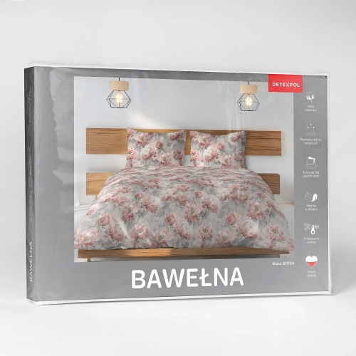Pościel bawełniana popielata 100% 220x200 w romantyczne różowe kwiaty