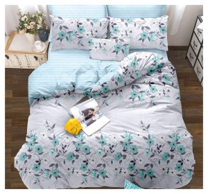 Komplet pościeli dwustronnej błękitno popielatej 200x220 w kwiaty