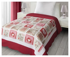 Narzuta beżowo bordowa w serca z napisami 170x210