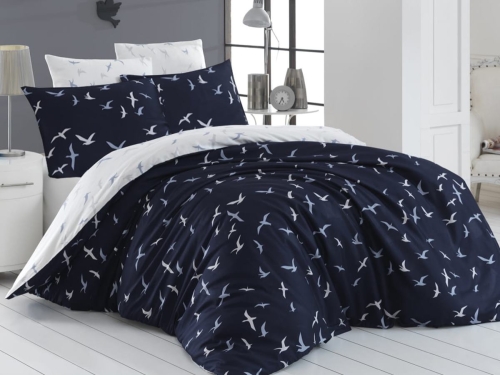 Pościel ekskluzywna bawełna satynowa granatowo biała 160x200 w ptaki