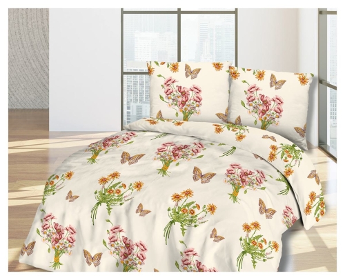 Pościel flanelowa kremowa 160x200 w kwiaty i motyle