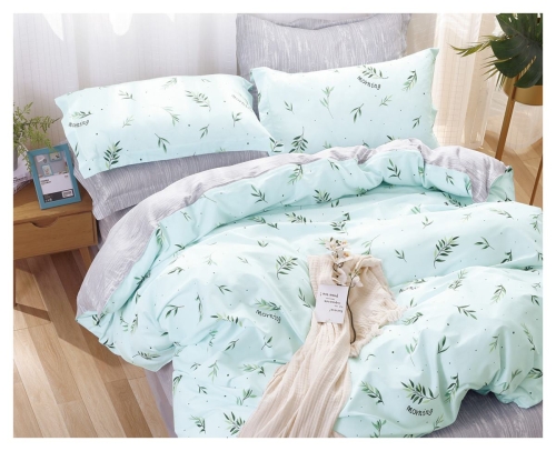 Komplet pościeli dwustronnej miętowo popielatej 160x200 w liście