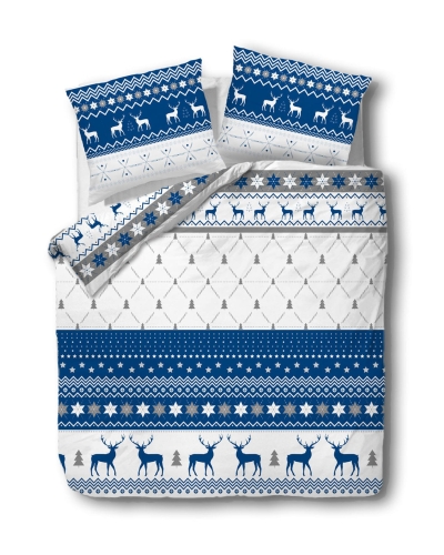 Pościel bawełniana świąteczna biało niebieska 200x220 w renifery