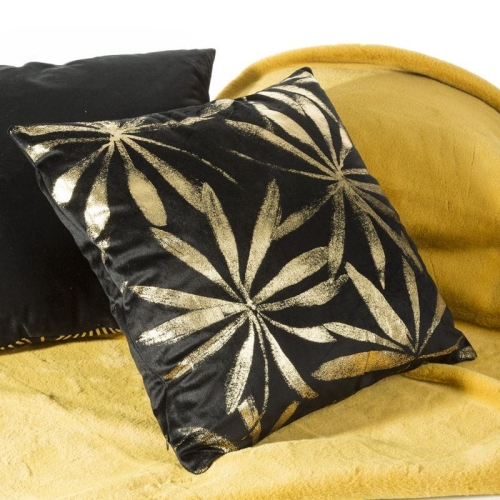 Poszewka dekoracyjna velvet czarna 45x45 złote liście  + wypełnienie