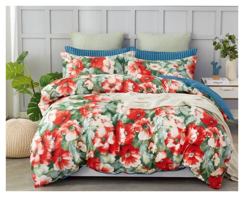 Komplet pościeli dwustronnej zielonej 160x200 w czerwone kwiaty